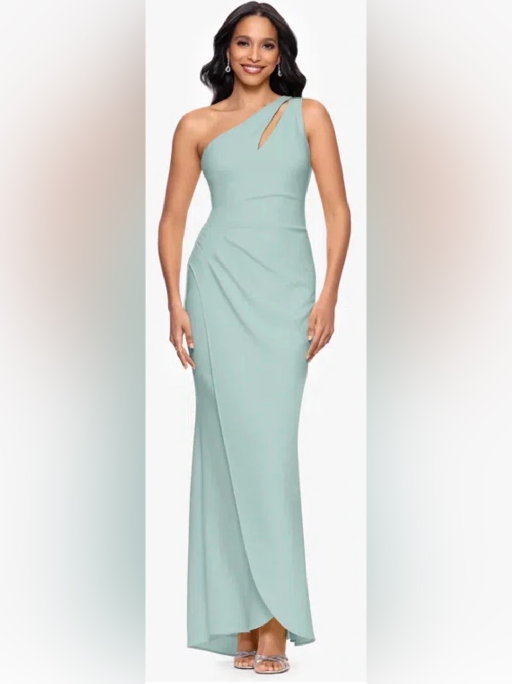 Betsy & Adam Sage One Shoulder Ruched Evening Gown. Size 12 Petite. Small Defect